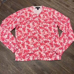 Lands' End Seahorse Cardigan Women Small Pink White Cotton Knit Sweater AOP